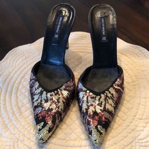 🇮🇹 Bruno Magli Sequins leather heeled sandal slides